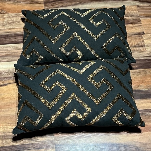 NEW Two 2 LOLOI 100% Cotton Black w/ Gold Metallic Sequins Luxury Pillows - Picture 4 of 9